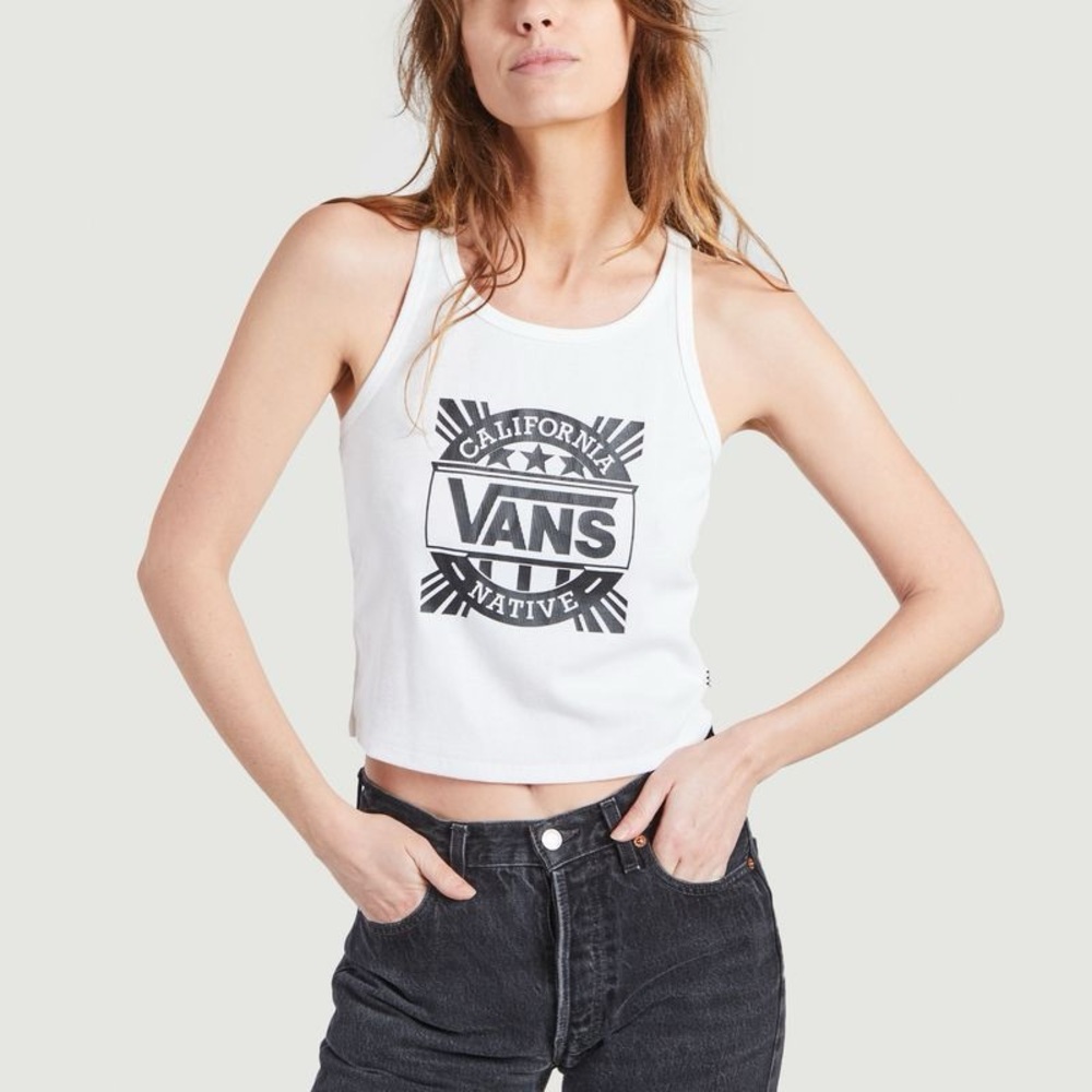 VANS California Native Round Neck Ribbed Short Tank Top In White, Black Size: S